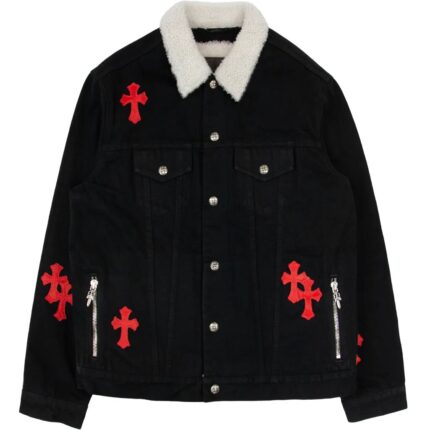 Leather Patch Shearling Denim Trucker | Chrome Hearts front side jacket