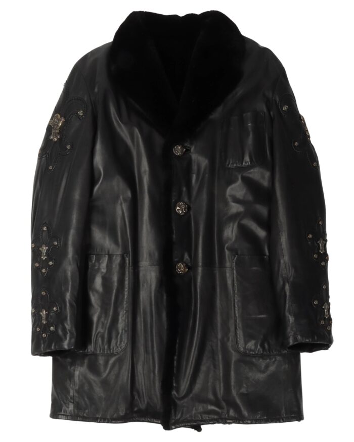 Chrome Hearts Mink Fur Leather Coat with Silver Fleur Embellishments (front side jacket)